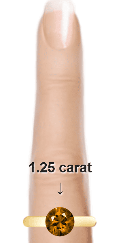 Brown 1.25 carat round-cut Quartz on a ring and finger.