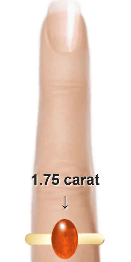 Orangey Red 1.75 carat cabochon-cut Sunstone on a ring and finger.