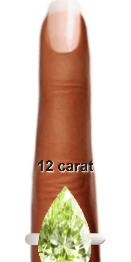 Light Yellowish Green 12 carat pear-cut Diaspore on a ring and finger.