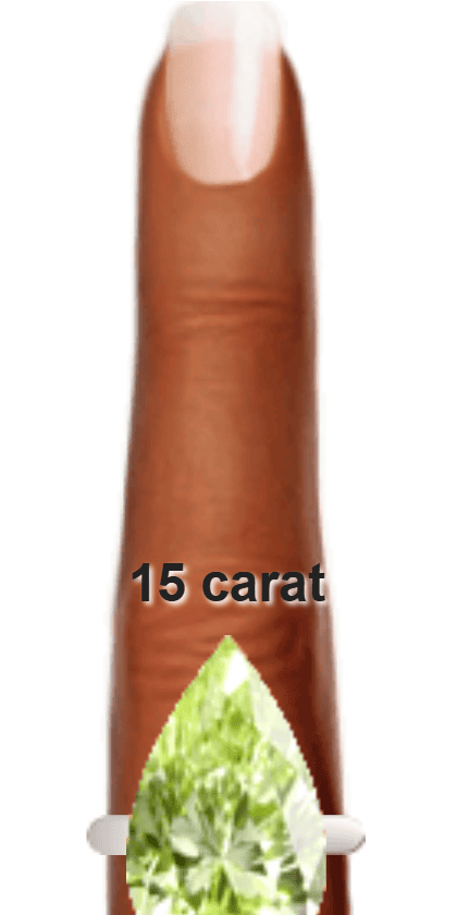Light Yellowish Green 15 carat pear-cut Diaspore on a ring and finger.