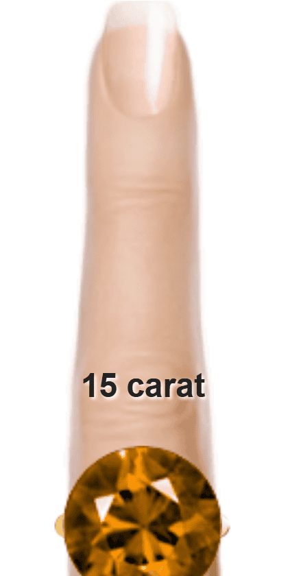 Brown 15 carat round-cut Quartz on a ring and finger.