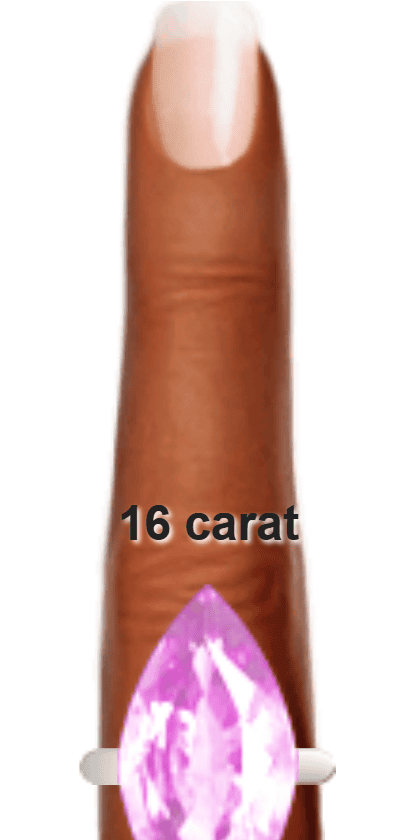 Light Purple 16 carat marquise-cut Kunzite on a ring and finger.