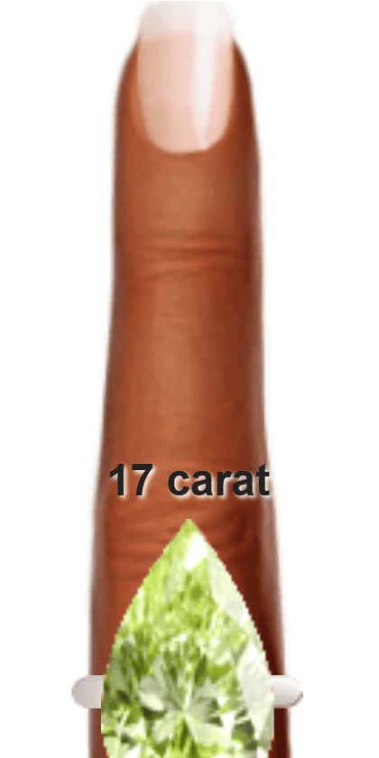 Light Yellowish Green 17 carat pear-cut Diaspore on a ring and finger.