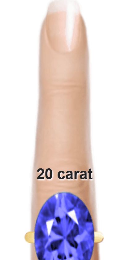 Blue 20 carat oval-cut Benitoite on a ring and finger.
