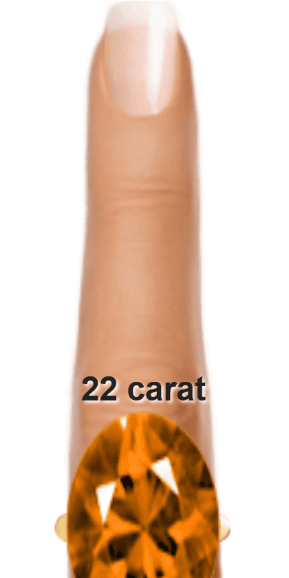 Orange 22 carat oval-cut Andesine on a ring and finger.