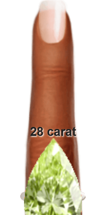 Light Yellowish Green 28 carat pear-cut Diaspore on a ring and finger.