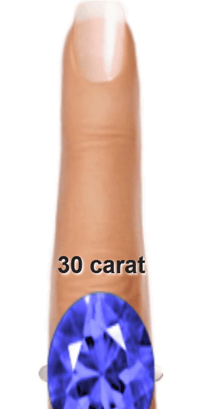 Blue 30 carat oval-cut Kyanite on a ring and finger.