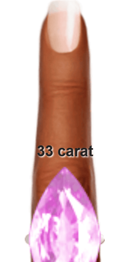 Light Purple 33 carat marquise-cut Kunzite on a ring and finger.