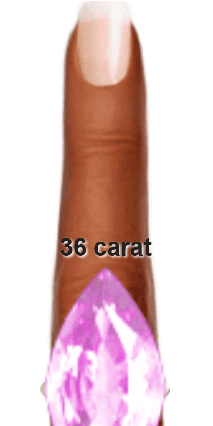 Light Purple 36 carat marquise-cut Kunzite on a ring and finger.