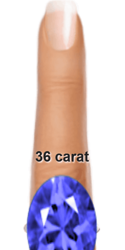 Blue 36 carat oval-cut Kyanite on a ring and finger.
