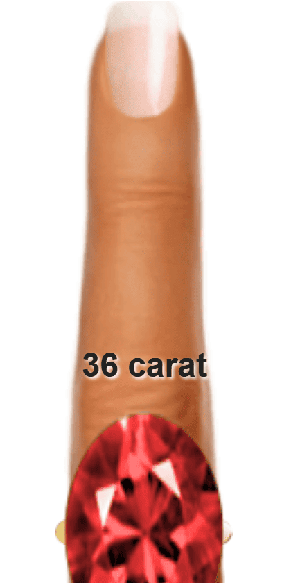 Red 36 carat oval-cut Ruby on a ring and finger.