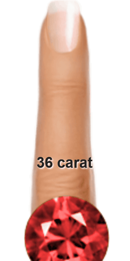 Red 36 carat round-cut Pyrope on a ring and finger.